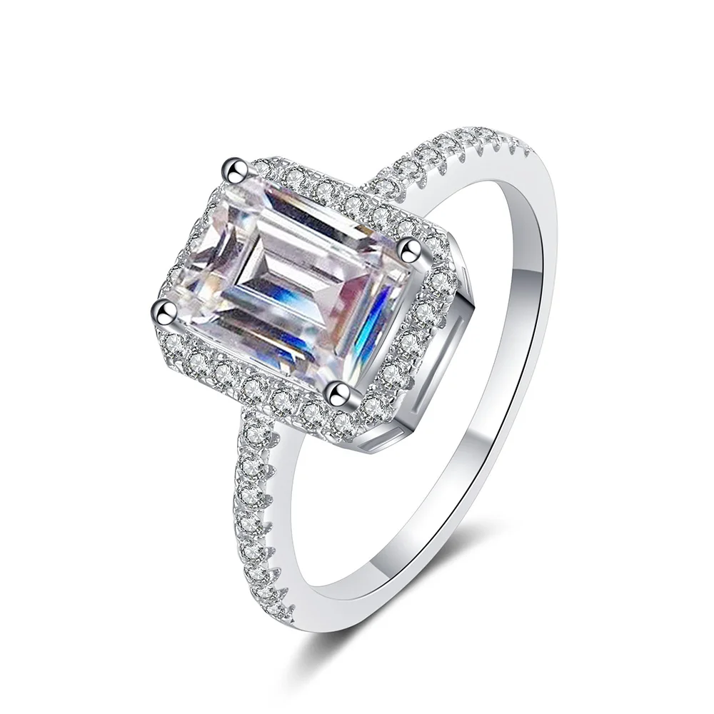 925 Sterling Silver 1‑2CT Emerald Cut Moissanite Engagement Ring for Women, Halo Half Eternity Wedding Ring, Fine Jewelry With Certificate for Birthday Party Anniversary Gift Accessories view 5