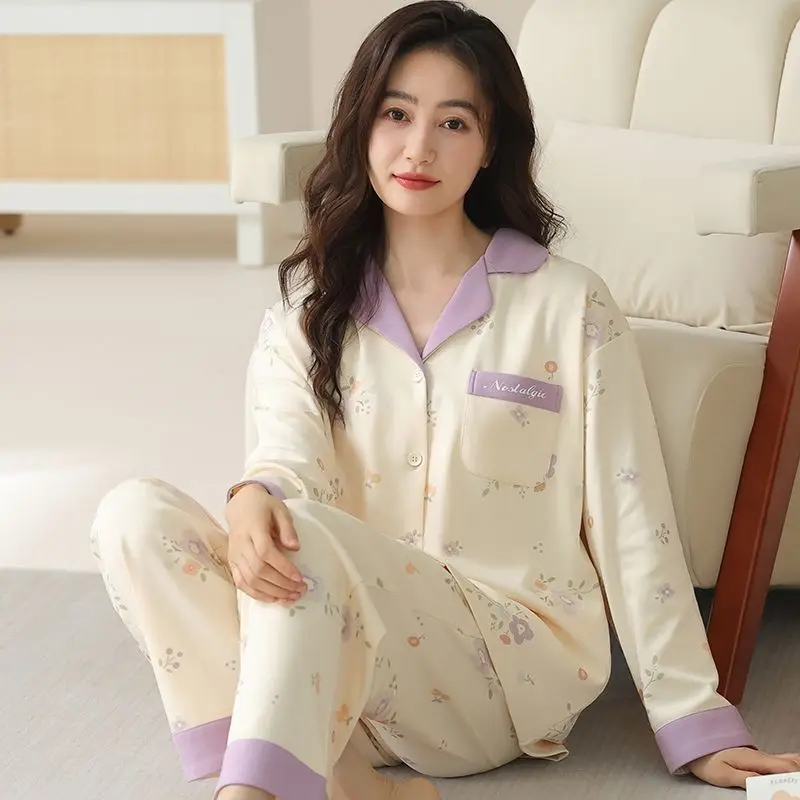 

100% Cotton Pajamas Women's Spring and Autumn Long-sleeved Cardigan Sets Womens Outfits Loose Large-size Loungewear Set