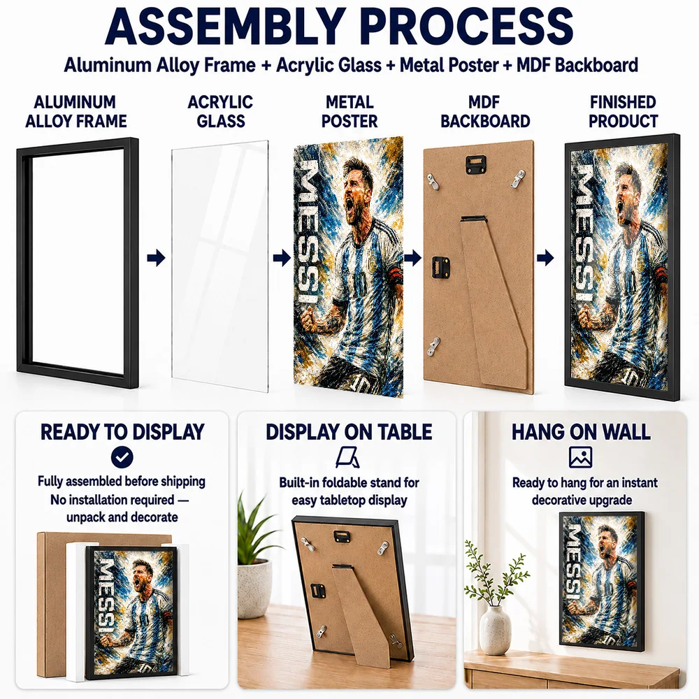 Lionel Messi Celebration Metal Poster With Aluminum Alloy Frame Personalized Photo Energetic Motion Style Wall Art For Bedroom