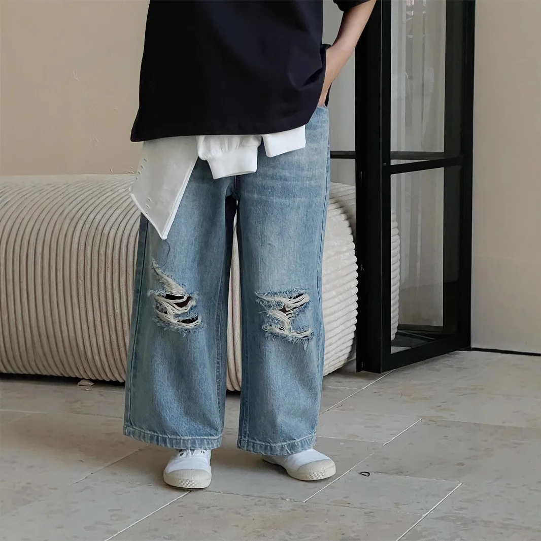 

Children Clothes Kids Casual Denim Pants 2025 Spring Korean Style Ripped Jeans Boys and Girls All Match Straight Leg Loose Pants