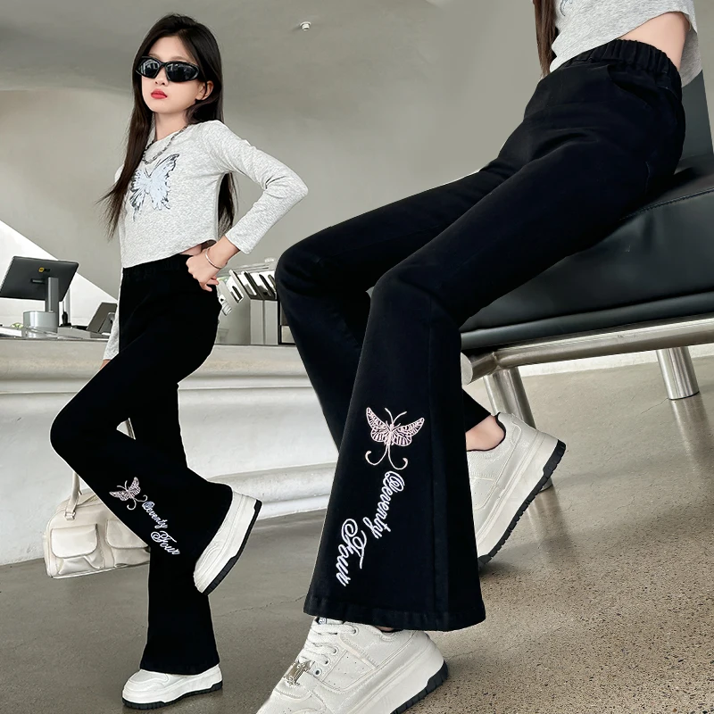Kids Modern Design High Waist Stretch Flare Jeans with Butterfly for Children Girl Fashion Black Color Bootcut Denim Pants 5-14Y