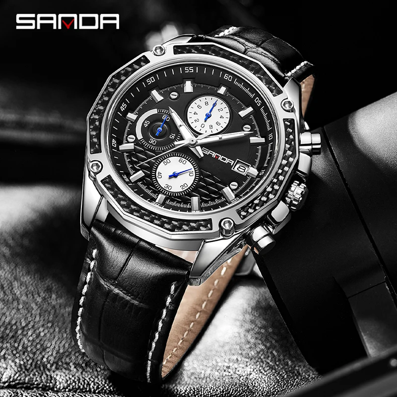 

SANDA New 5301 Мужские кварцевые часы с тремя глазами и шестью иглами Водонепроницаемые часы с календарем и ночником Деловые мужские часы