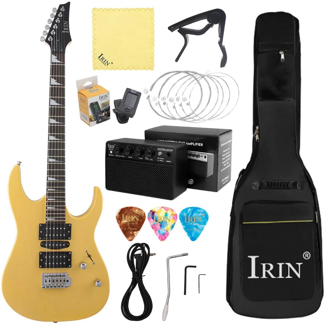 

IRIN Yellow 24 Frets Electric Guitar 6 Strings Maple Body Neck Guitarra with Bag Amplifier Tuner Capo Pick Cleaning Cloth Parts