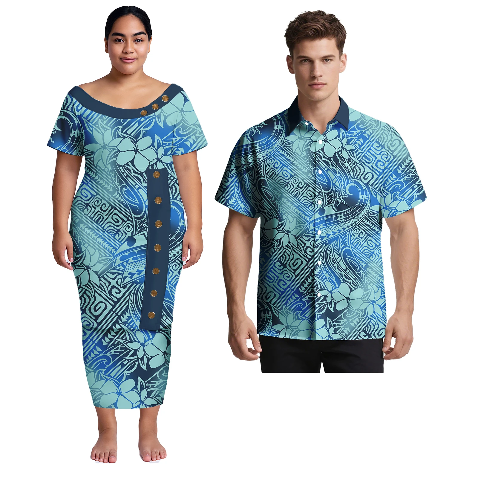 Coppia di vestiti Isand Style Design Samoano Taglie forti Aloha Camicia da uomo abbinata al vestito puletasi hawaiano femminile