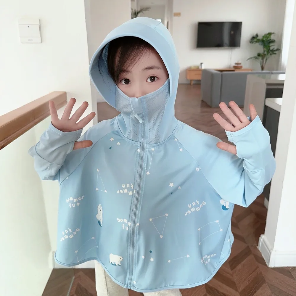 قبعة للأطفال بغطاء للرأس واقي من الشمس مع حجاب قناع رفيع وأكمام طويلة للأطفال ملابس للحماية من الشمس وحماية من الأشعة فوق البنفسجية من الحرير الجليدي