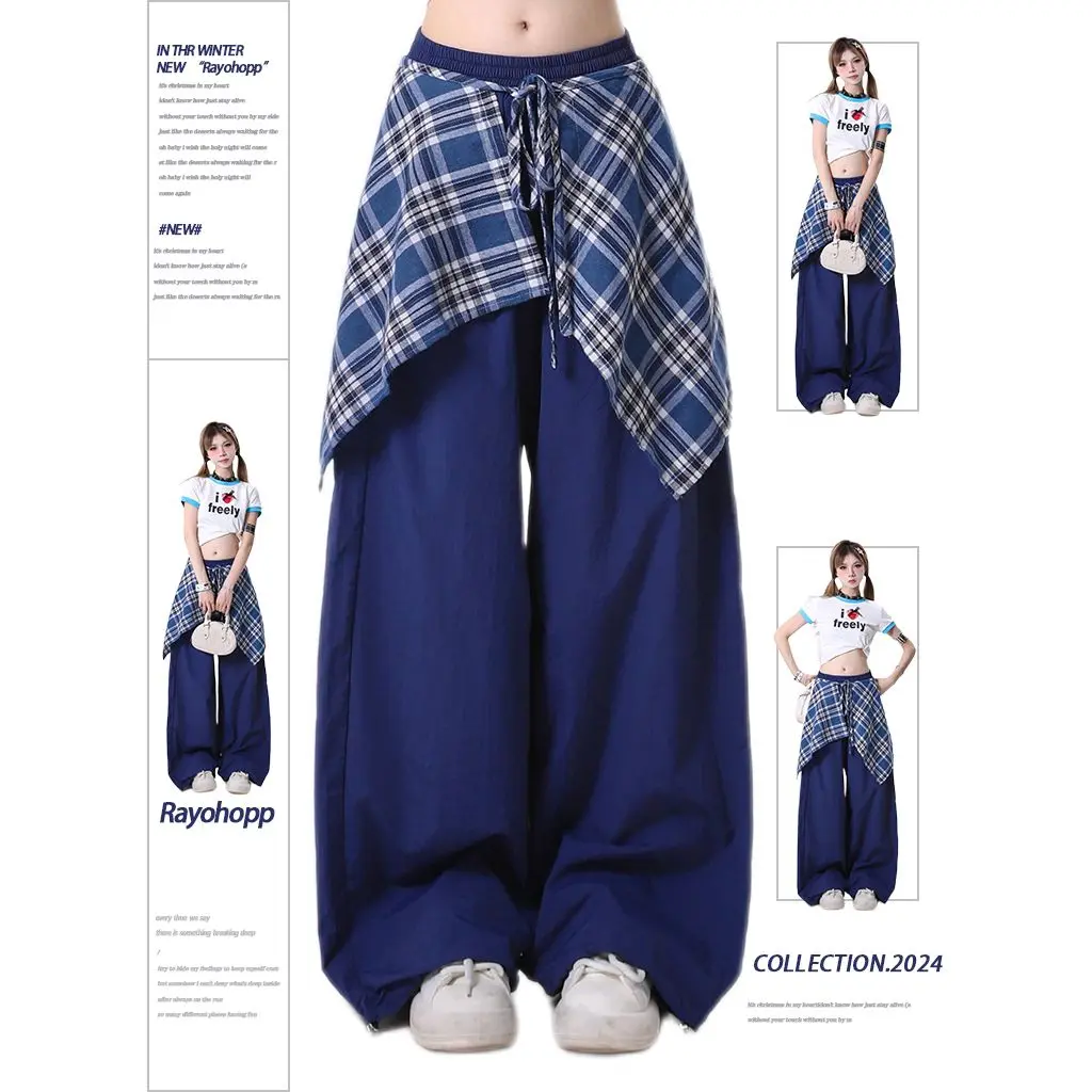 Y2k Vintage Plaid Skirt Red Casual Pants Women Hip Hop Dance Trousers Design Loose Cargo Sweatpants Fashion Straight Pants