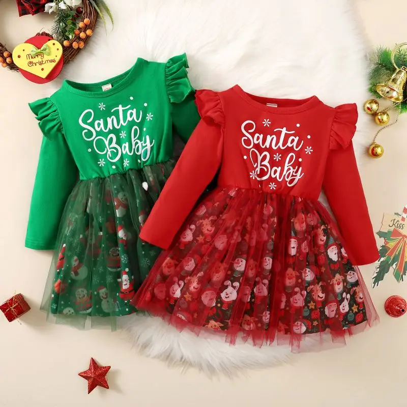 

Baby Girl Christmas Princess Dress Mesh Flying Sleeve Splice Tutu Dress Toddle Child Printed Fluffy Skirt Baby Clothes 1-6Y