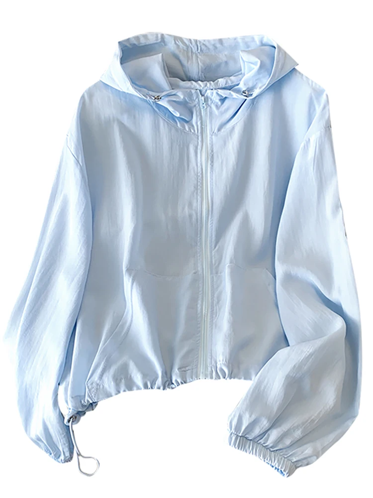 女性の軽量フード付きジッパー日焼け防止シャツピュアカラー春夏新スタイルファッショナブルなアウターウェア通気性