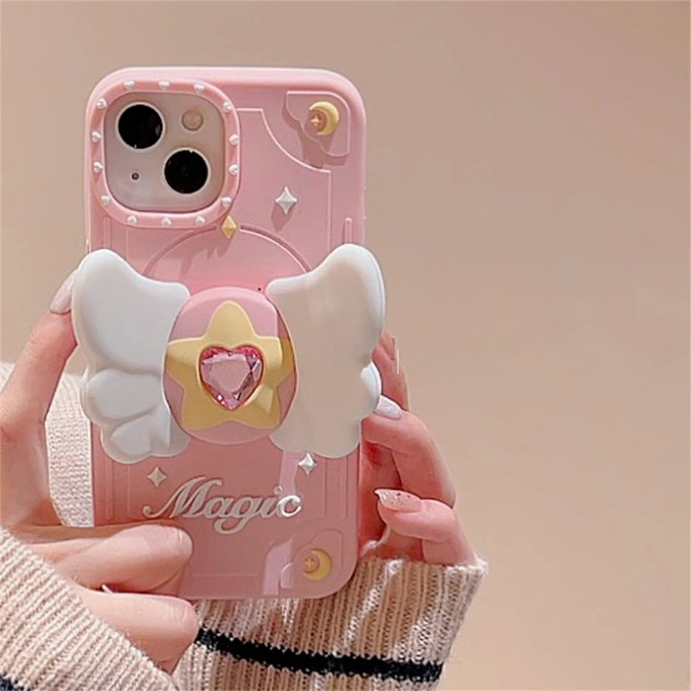 Korean Cute Cartoon Magic Wings Bracket Silicone Case For iPhone 15 14 13 12 Pro Max 11 Funny Gift Shockproof Soft Cover Funda