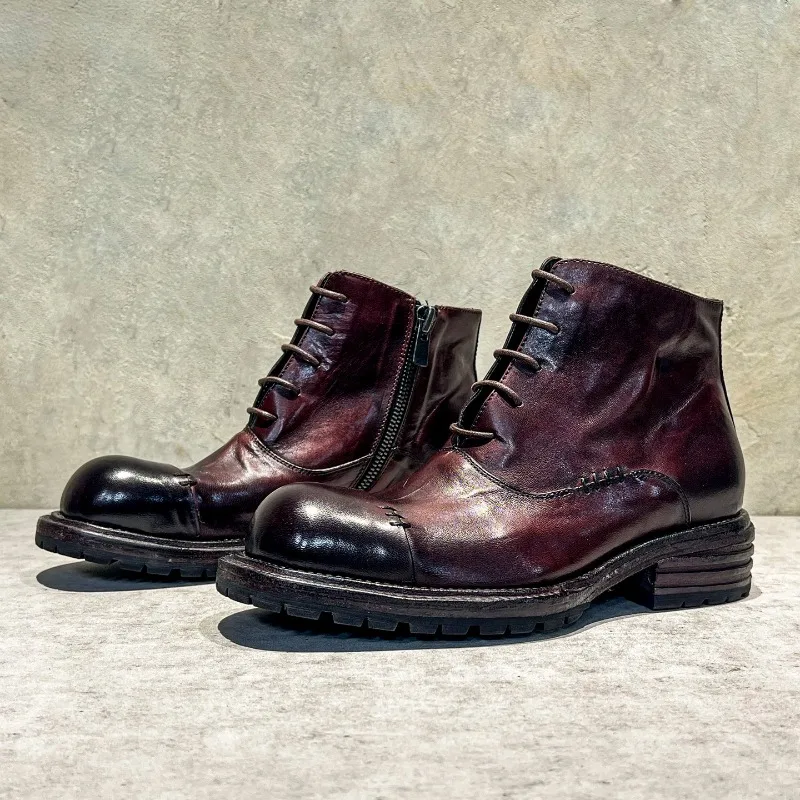 أحذية عالية الجودة من جلد الحصان المغسول على الطراز العرقي أحذية رجالية قابلة للتنفس من الجلد الطبيعي أحذية Goodyear مخيطة يدويًا بسحاب جانبي #3