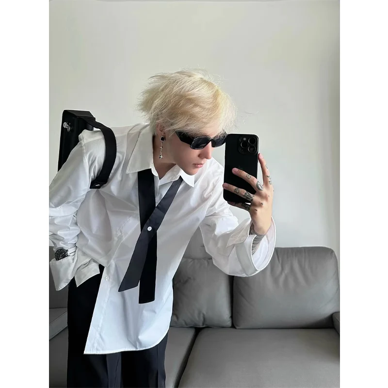 

Pure White Long Sleeve Men's Shirt Stylish Outerwear for Hairdressers Trendy Brand Youthful Loose Fit Spring Summer