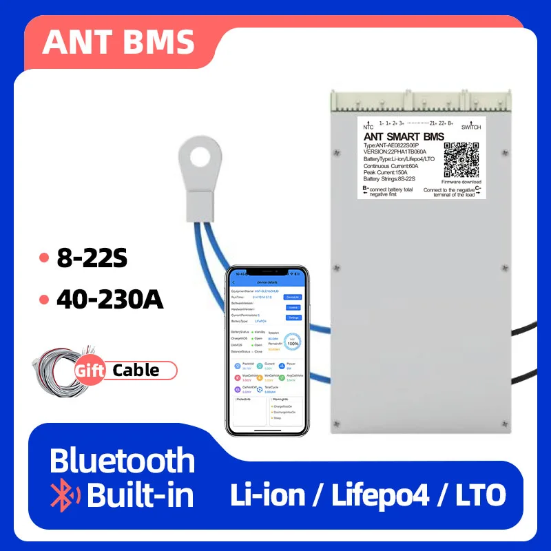 ant smart bms 8-22s 40a-230a Support Li-ion LiFePo4 LTO battery built-in BT band balancing function 8s 40a 230a bms lifepo4