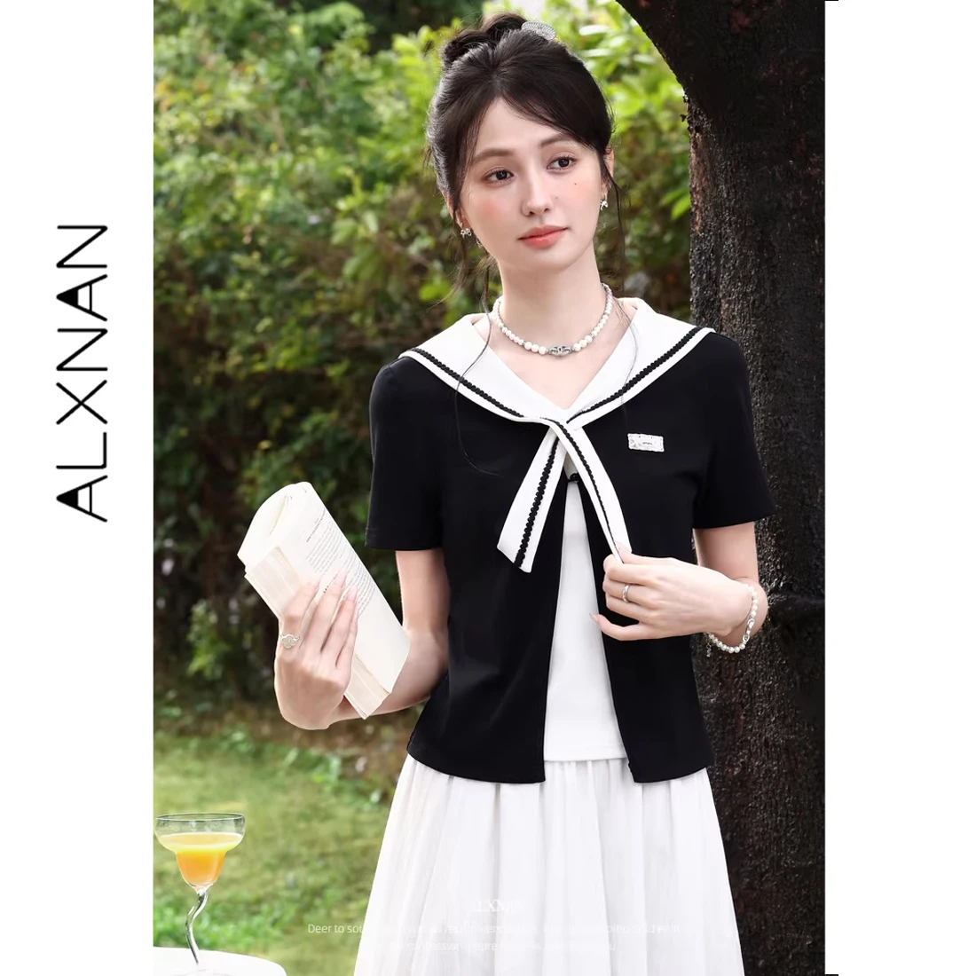 

ALXNAN Black White Patchwork Fake Two-Piece T-shirt Sailor Neck Preppy Style Short Sleeve T-shirts 2026 Summer Top Female L62505