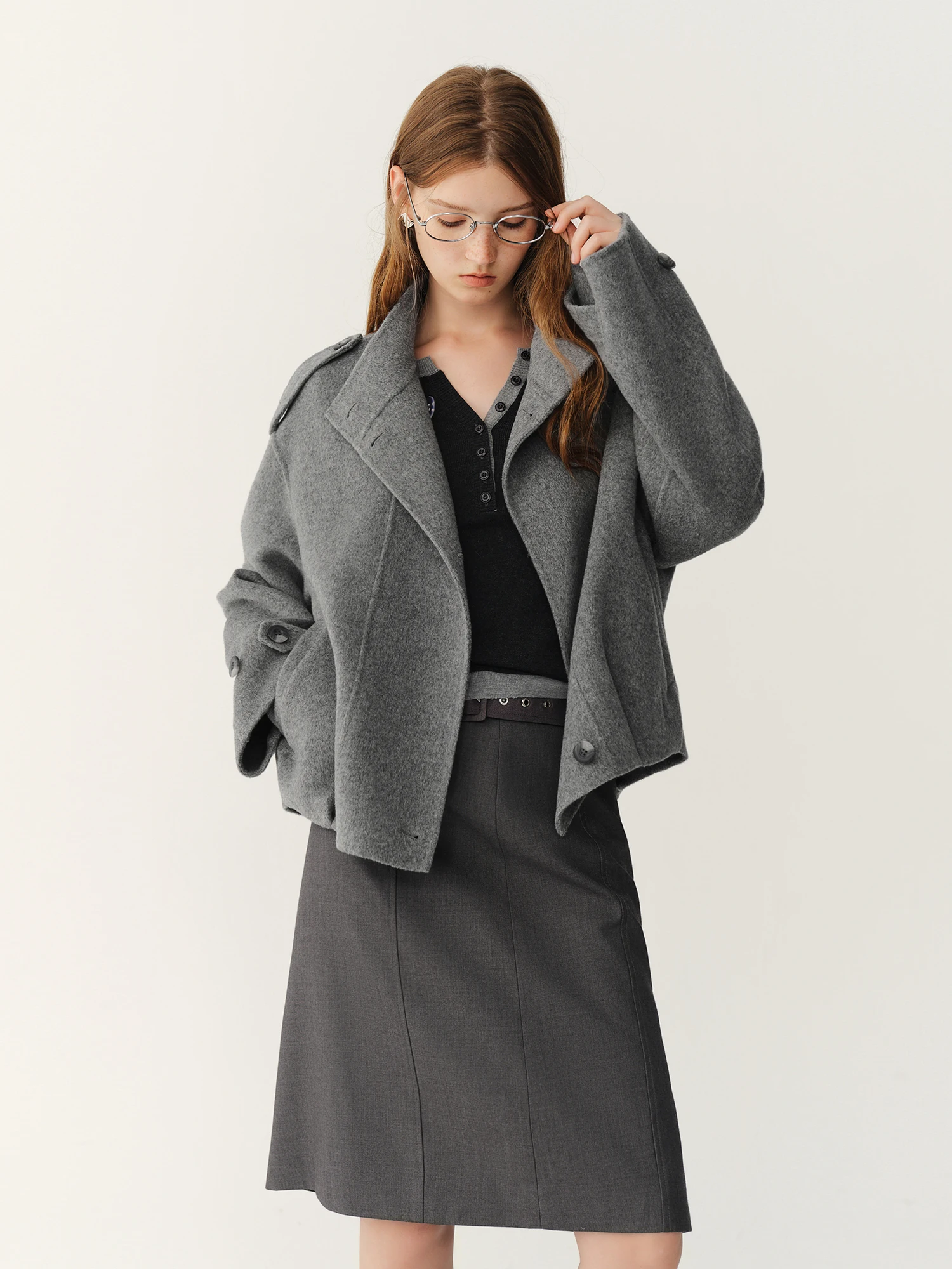 FSLE 2026 Winter Women's Cropped Stand Collar Pure Wool Double-Faced Coat - Elegant Petite Chic Outerwear for Everyday Wear