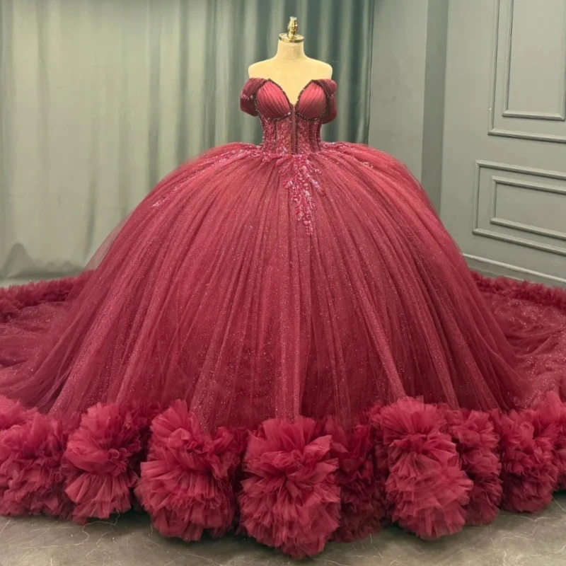

Красное блестящее платье Quinceanera с открытыми плечами, кружевное платье с бисером и кристаллами, многоуровневое тюлевое платье для вечеринки, дня рождения, сладкое платье 16, Vestidos 15 Anos