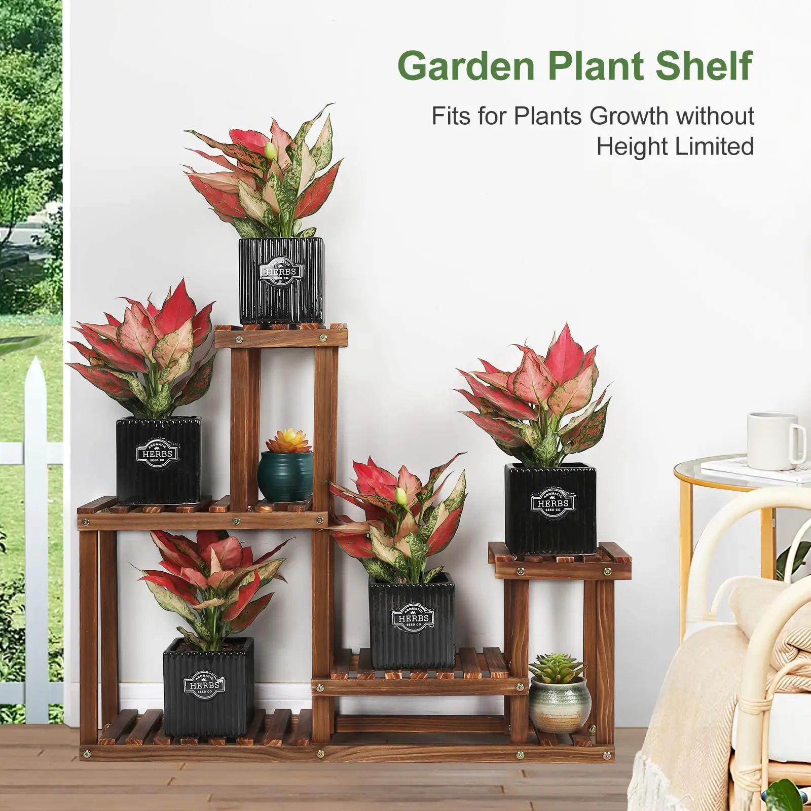 Pine Wood Four-Layer Indoor/Outdoor Plant Stand Wooden Flower Shelf Rack Higher/Lower Garden Balcony  Living Room Storage Holder