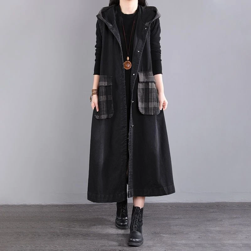 

European Vintage Denim Cape with Hood Loose Oversized Women's Outerwear Slimming Large Pockets Design for Casual Chic​
