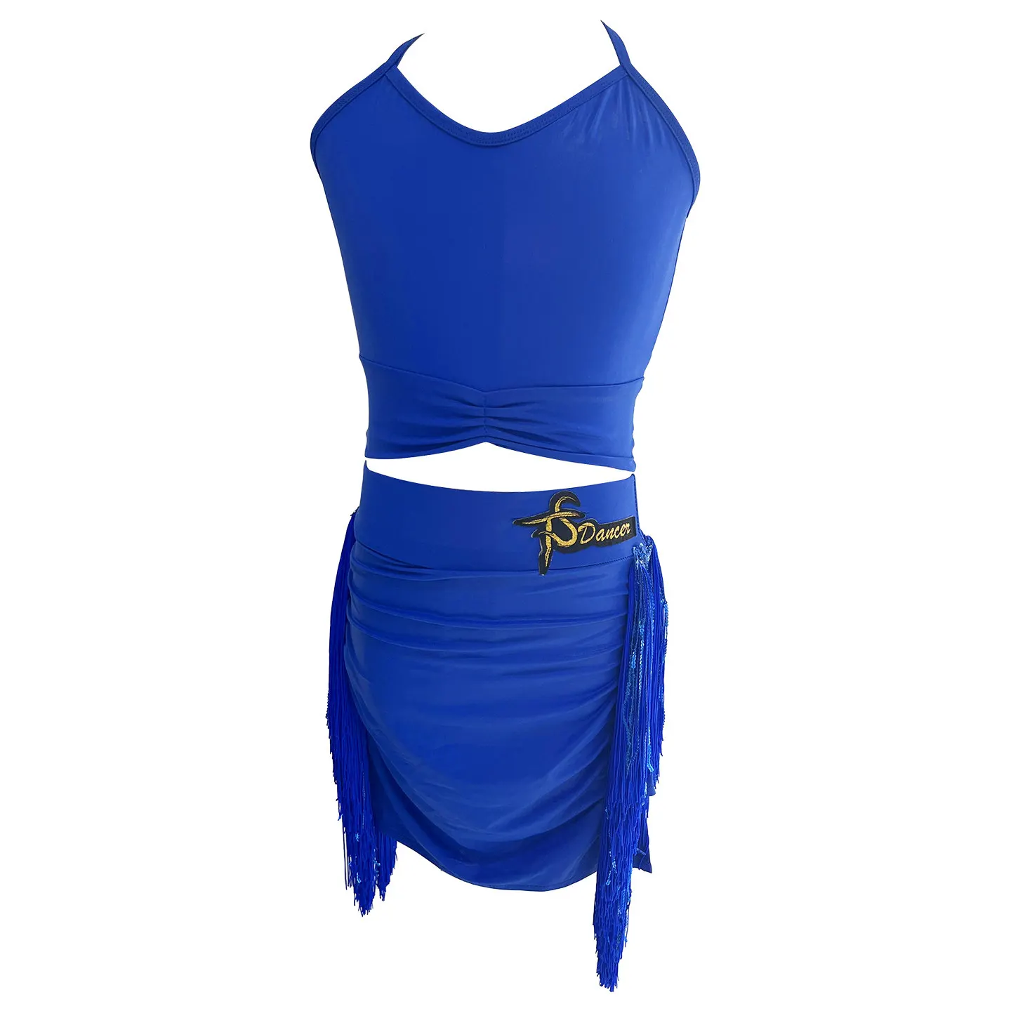 

Cha Cha Dancewear Leather Tassels Latin Dance Dress with Sleeve blue Kids Girls Club Training Professional Competition
