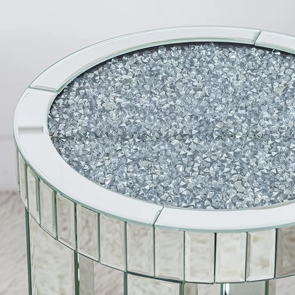 Mirrored End Table Round with Crystals Inlay, 2-Tier Modern Small Sofa Table with Storage, Silver Accent Table for Living Room,