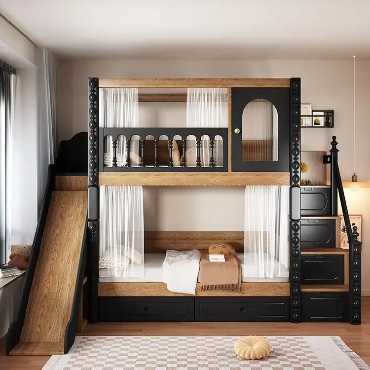 

French medieval style children's on and off the bed Bunk All solid wood high and low bed Adult duplex elevated