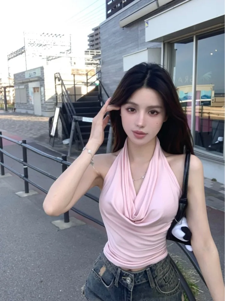 French Style Design Sensual Cold Atmosphere Backless Neck Hanging Vest Summer New Fashion Women's Short Pure Color Slim Fit