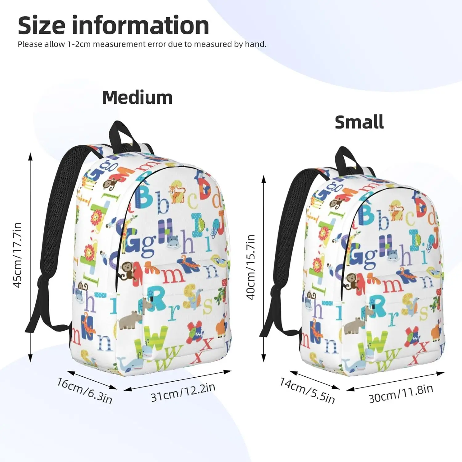 Mochila de lona con estampado de alfabeto animal colorido, moderna e informal, apta para uso diario y actividades al aire libre