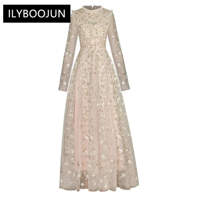 Autumn Mesh Dress Women O-Neck Long Sleeve Flower Embroidery Elegant Party Vintage Maxi For Women 2023 Luxury Brand High Quality