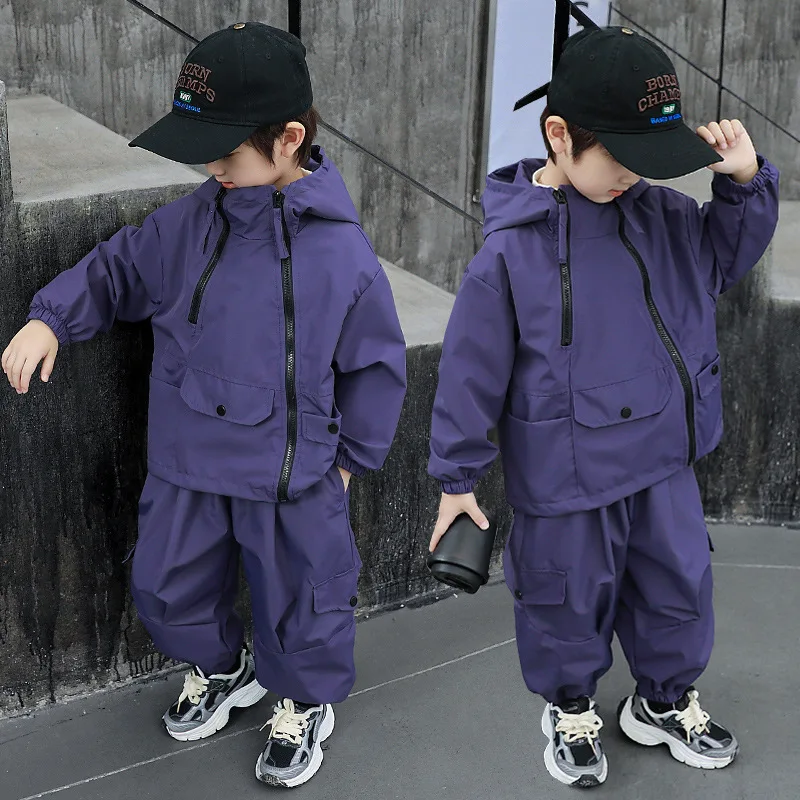 IYEAL Boys' Diagonal Zipper Jacket Set 2025 Spring And Autumn New Style Children's Handsome Solid Color Jacket+Pants 2Pcs