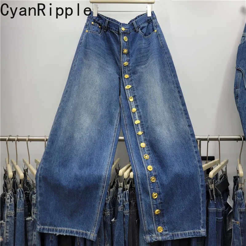 American High Street High Waist Women Denim Pants Gold Button Decoration New Autumn Mopping Floor Wide Leg Straight Casual Jeans