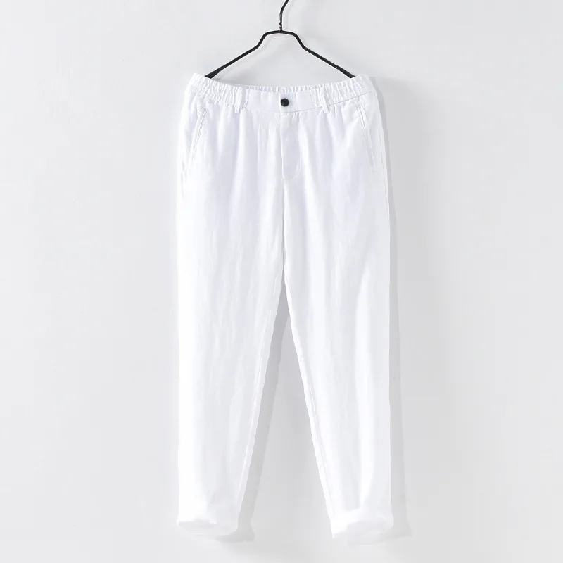 

Мужские брюки в японском стиле, летние брюки из 100% льна, прямые белые брюки с эластичной резинкой на талии, повседневные повседневные брюки, простые дышащие брюки