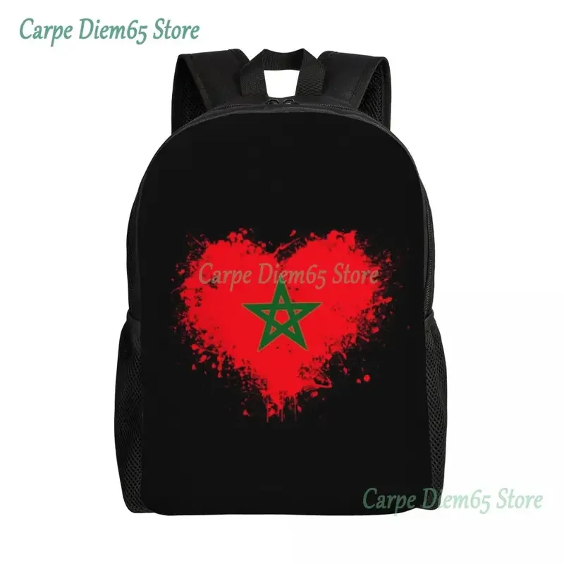 3D Print Marrocos Flag Heart Backpack, mouro, marroquino, patriótico, faculdade, escola, sacos de viagem, mulheres, homens, Bookbag, Fits 15 "Laptop