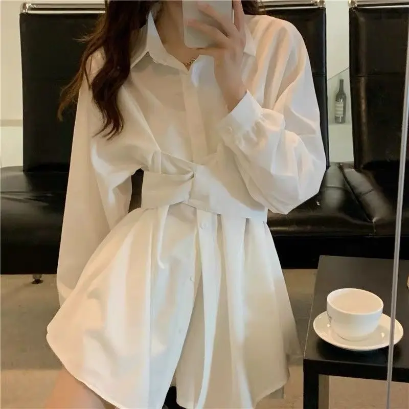 

QWEEK Korean Fashion White Shirt Dress Women Elegant Spring Blouses Office Wear Long Sleeve Slim Tops Female Vintage Chic Casual