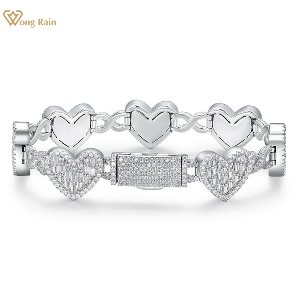 Wong Rain 100% 925 Sterling Silver 3EX VVS1 Sparkling Diamonds Real Moissanite Gemstone Heart Bracelets Bangle Fine Jewelry GRA