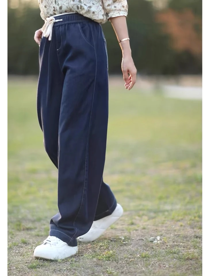 Jeans blu effetto snellente Pantaloni casual larghi drappeggiati a vita alta Jeans a gamba dritta Pantaloni denim estivi da donna versatili