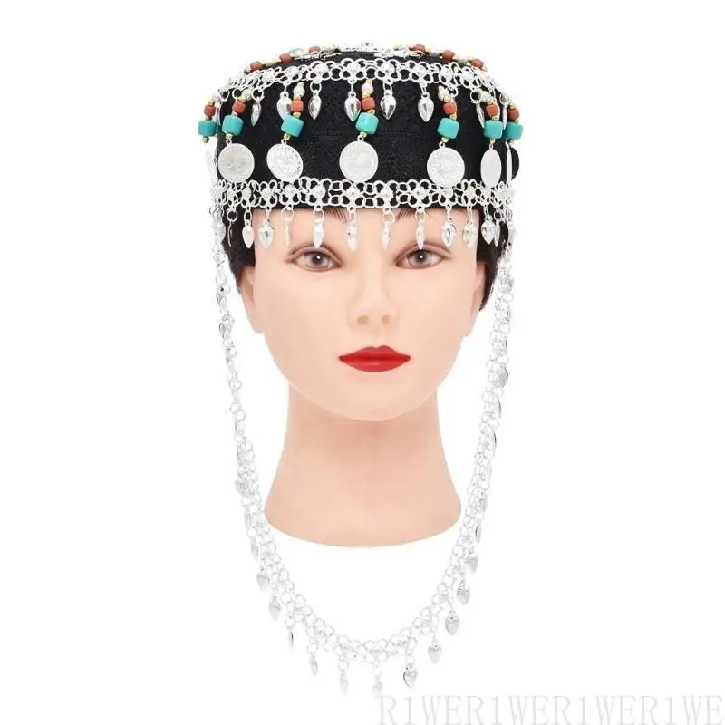 

R1WE Fashionable Turquoise Colorful Rhinestones and Gold Tassels Accents Jeweled Turquoise Hat Elegant Rhinestones