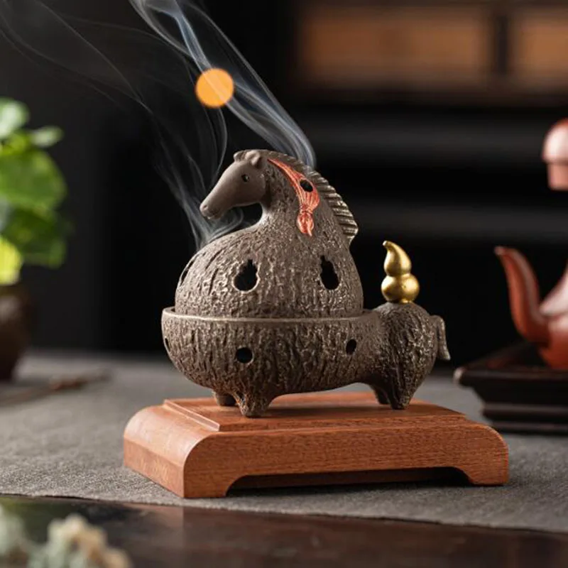 Antique Purple Clay Horse Smoking Backflow Incense Burner Aromatherapy Stove Chan Fragrance Censer Desktop Ornaments Decor