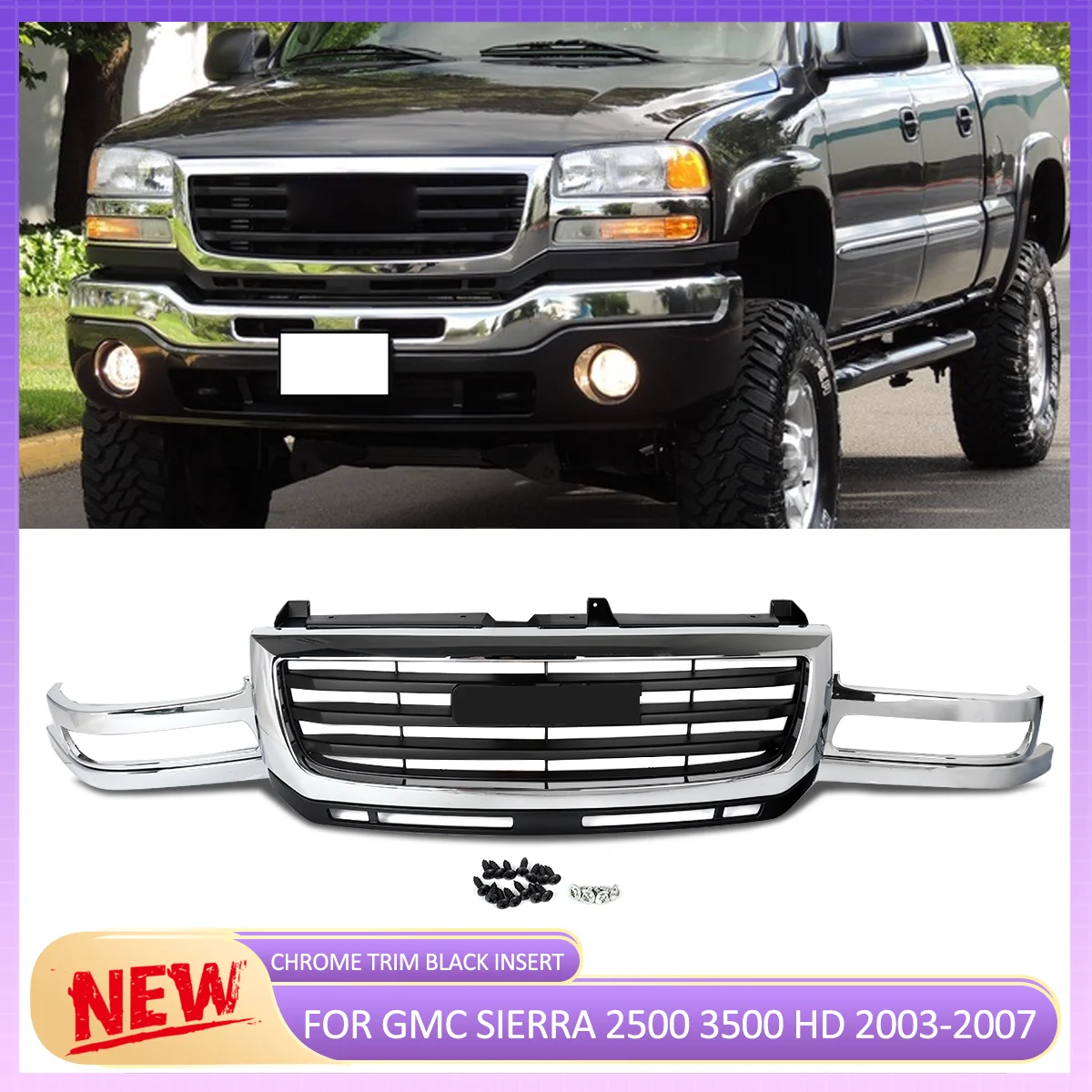 

Front Racing Grill For 2003-2007 GMC Sierra 1500 Chrome Front Grille Frame with Black Mesh Inserts Front Bumper Upper Grille