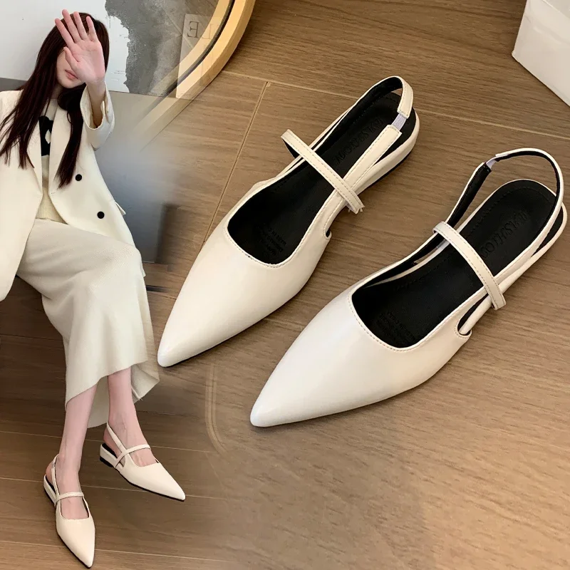 French Retro Style Pointed Sandals Women's Shoes 2024 Summer One line Belt Back Air Flat Bottom Women's Single Shoes