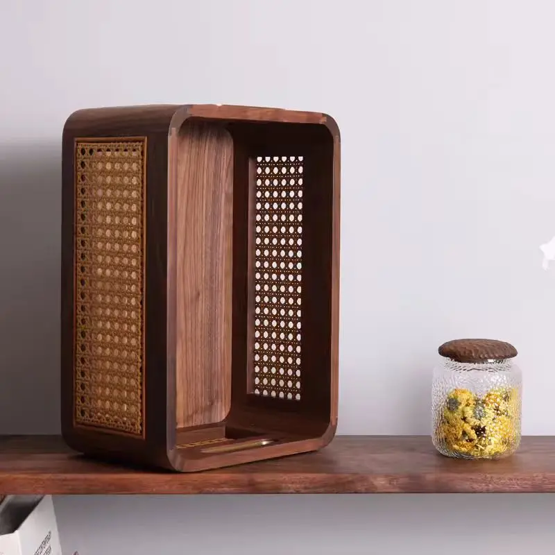 #Creative Japanese black walnut solid wood rattan storage basketdesktop coffee table bedside book sundries toy sorting storage b