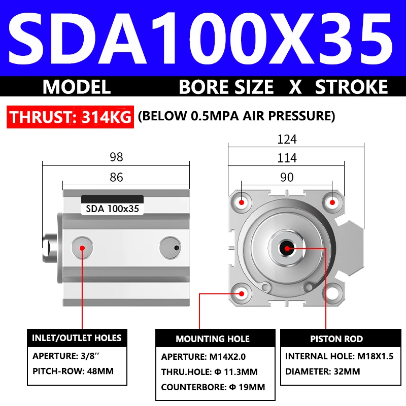 ABILKEEN SDA100X35 SDA Series Thin Air Cylinder 100MM Female Thread Bore X 35MM Stroke Double Acting Pneumatic Compact Cylinder