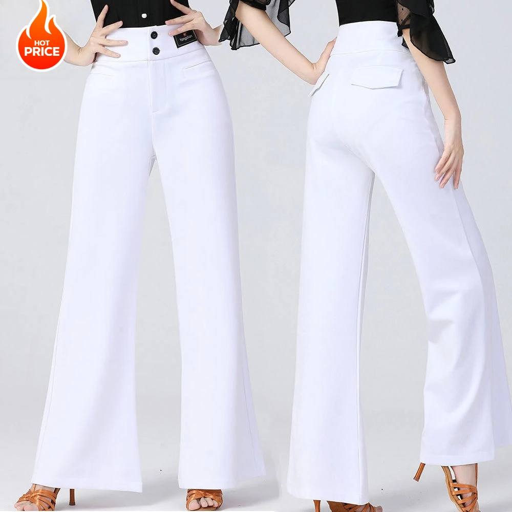 

Customized Modern Clothing Women's White Latin Dance Pants High Waisted Elastic Wide Leg Pants
