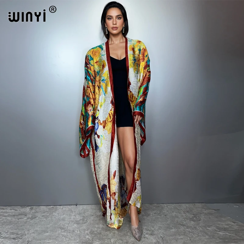 

WINYI Африканские кимоно с принтом в стиле бохо, длинные платья для женщин, кардиганы, пляжная одежда, кафтан, пляжная одежда, накидка, праздничное платье, пальто макси
