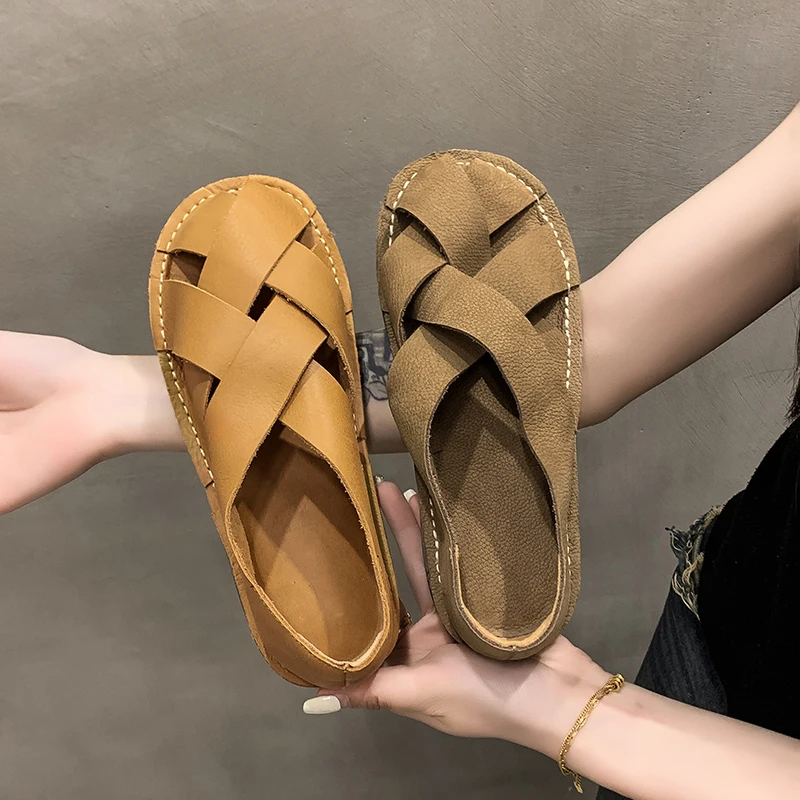 2024 leather Women Sandals Top Layer Cowhide Handmade Woven Women casual Flats the retro art mori girl Ladies shoes Female shoes