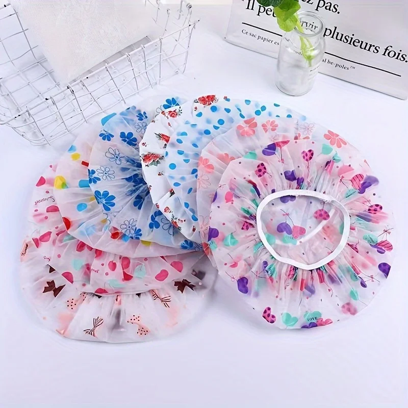 5er-Pack verstellbare elastische Duschhauben für Damen (zufällige Farben) – wiederverwendbare, hochwertige Haarhauben mit Blumen-, Herz- und Schneeflockenmuster – Detail 1