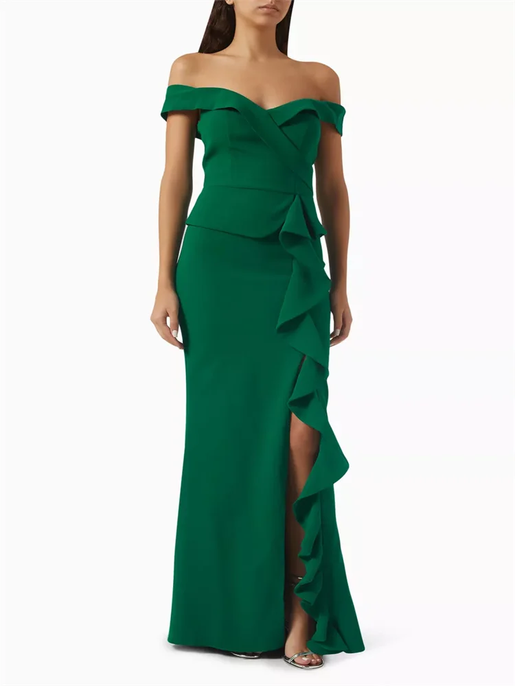 

Hot Selling Off Shoulder Neckline Satin Straight Evening Dress Sexy Back Zipper Floor Length Ruffled Trim Sweep Train Gown 2024