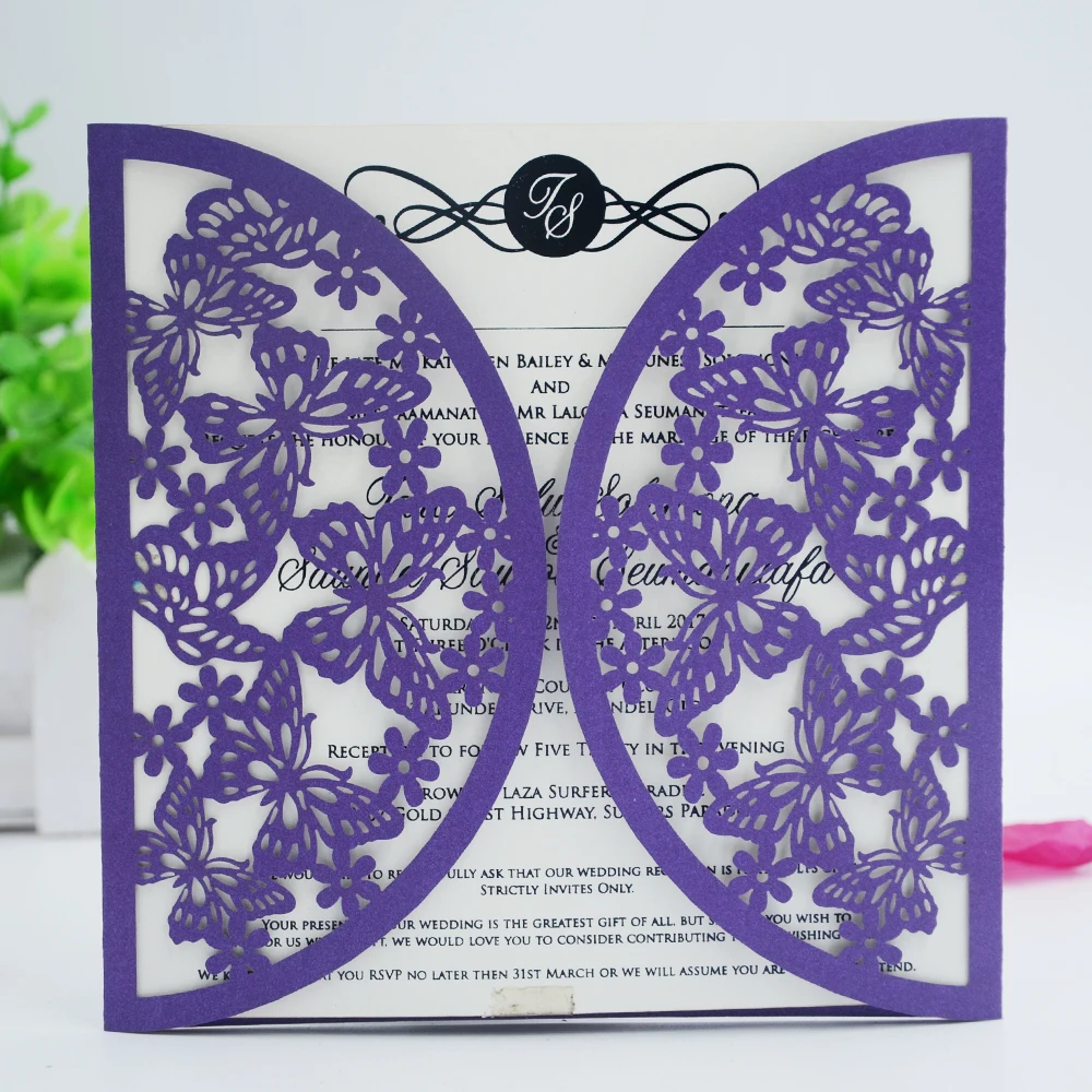 10pcs Laser Cut Pink Wedding Invitation Card Butterfly Shape Card Design Folk Art