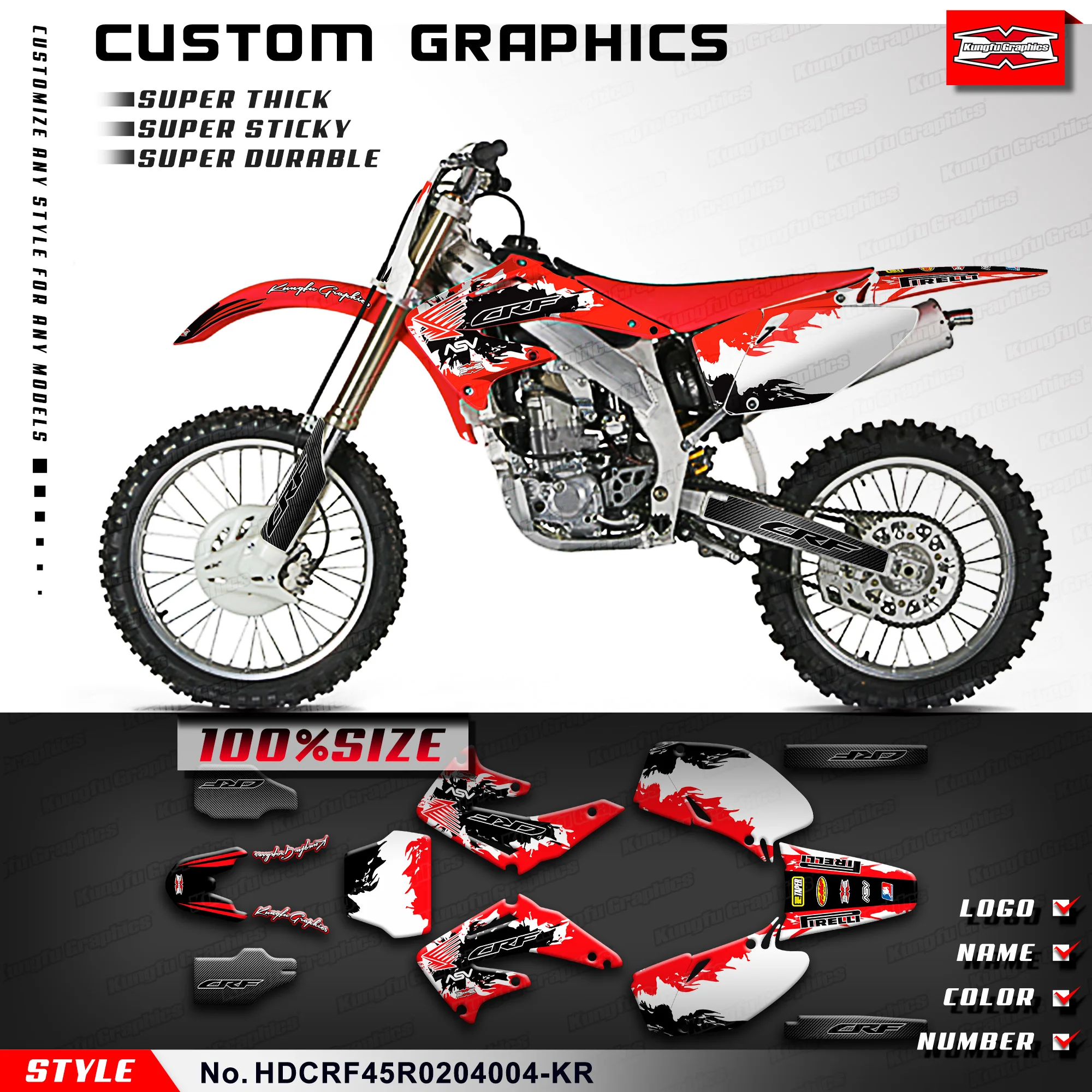 

KUNGFU GRAPHICS Dirt Bike Stickers MX Custom Vinyl Decal for Honda CRF450R 2002 2003 2004, HDCRF45R0204004-KR