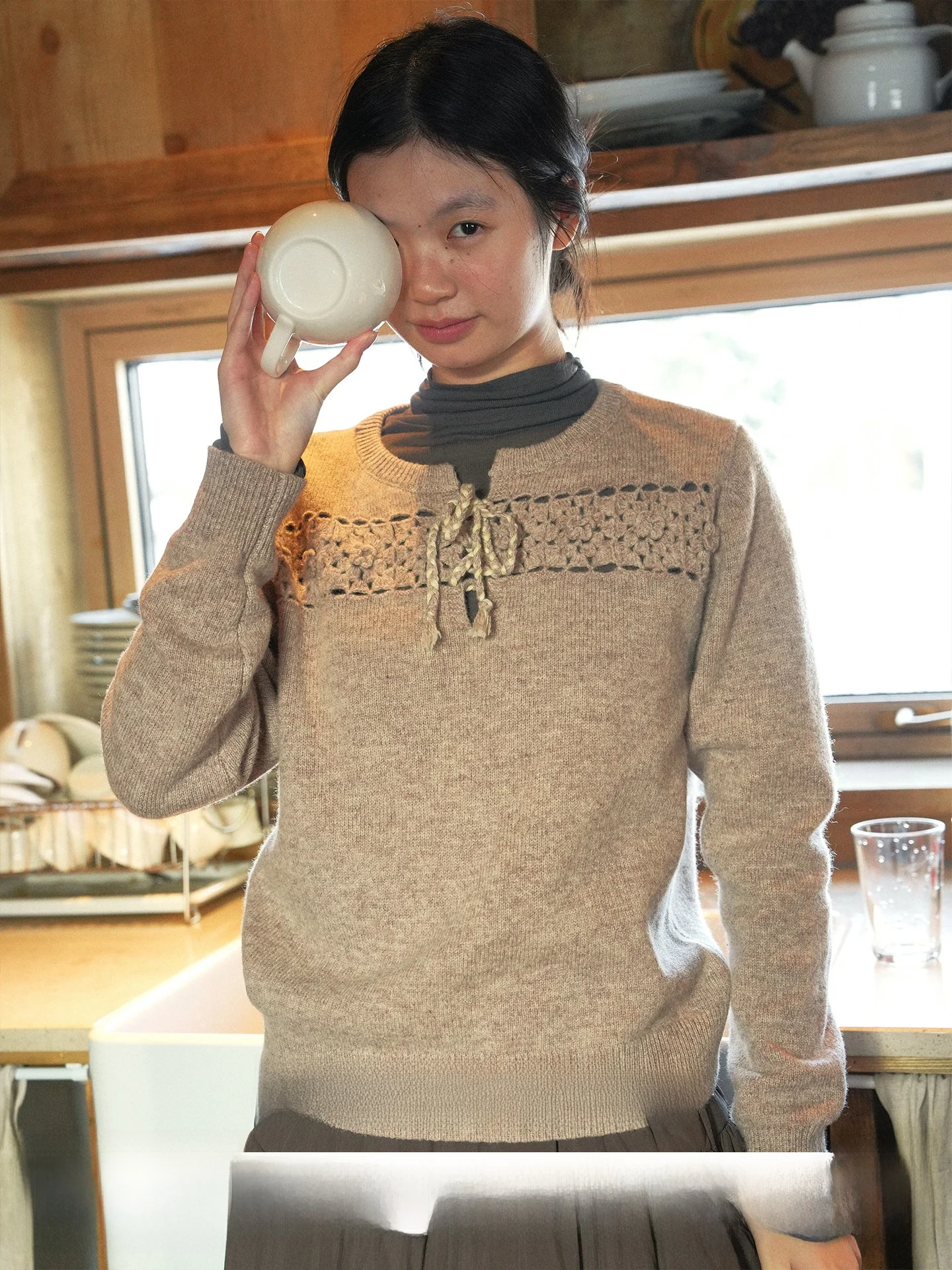 

Handmade Pure Wool Long Sve Knitted Sweater Women V-Ne Bow Tie Loose Fit Casual Sle Winter Faion Chinese Production