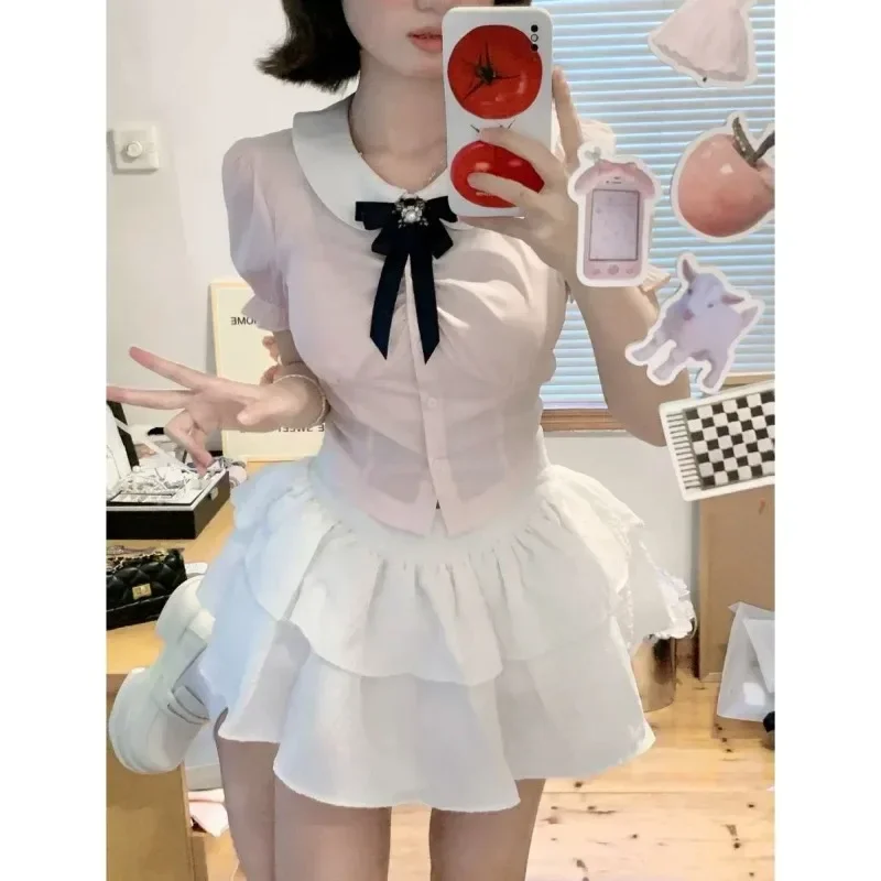 Sweet Kawaii Peter Pan Collar Slim Fit Puff Sleeve Pink Shirts Women+ Y2k High Waist White Skirts Summer New Two Piece Sets