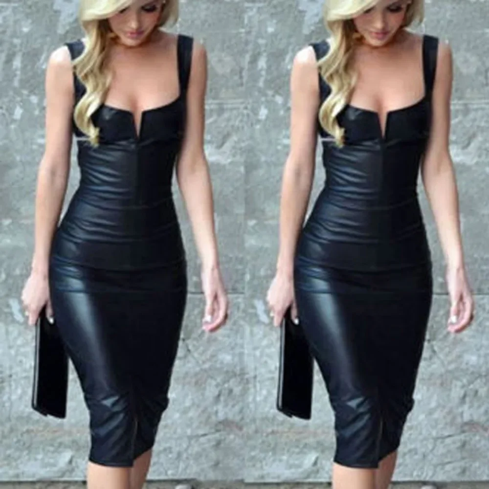 

2026 Sexy Backless Club Party Short Dress Solid Black Wet Look Latex Bodycon Faux Leather Push Up Bra Micro Dress Leotard